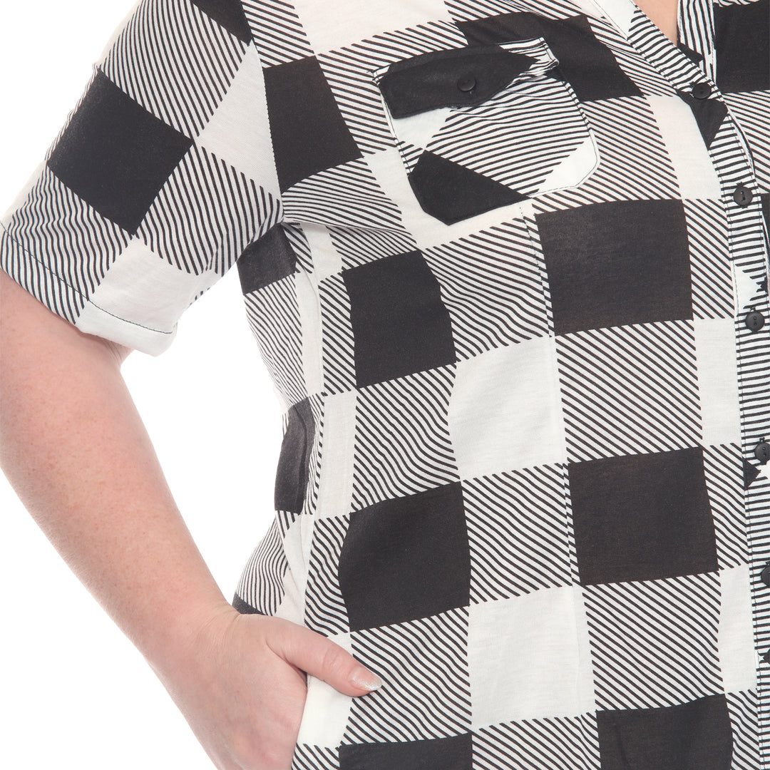 Plus Size Short Sleeve Plaid Button-Down Shirt Dress