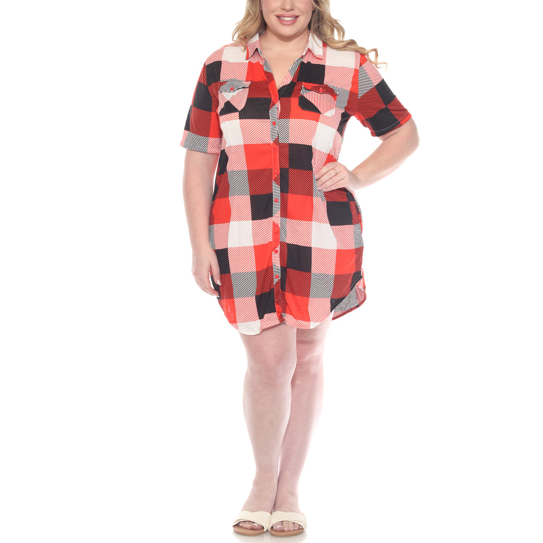 Plus Size Short Sleeve Plaid Button-Down Shirt Dress