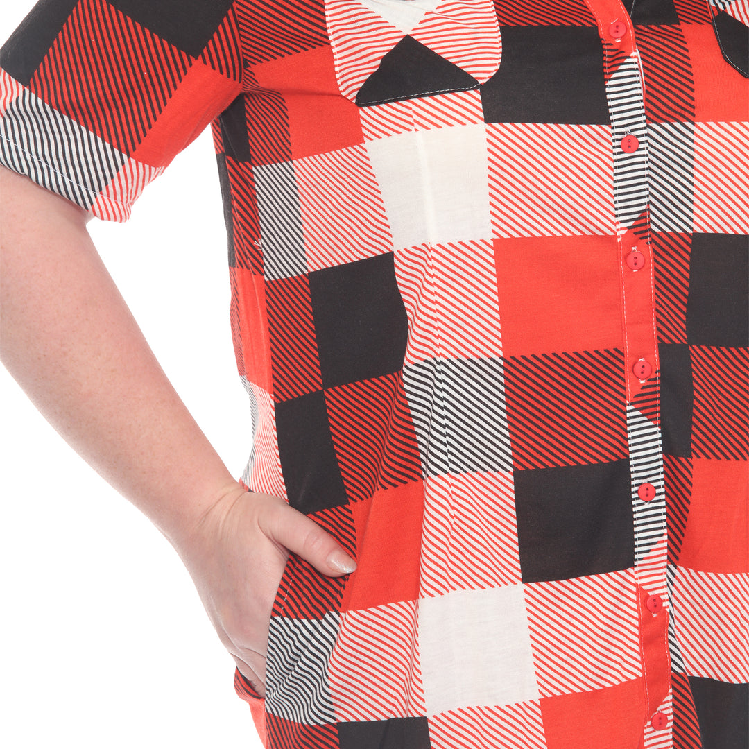 Plus Size Short Sleeve Plaid Button-Down Shirt Dress