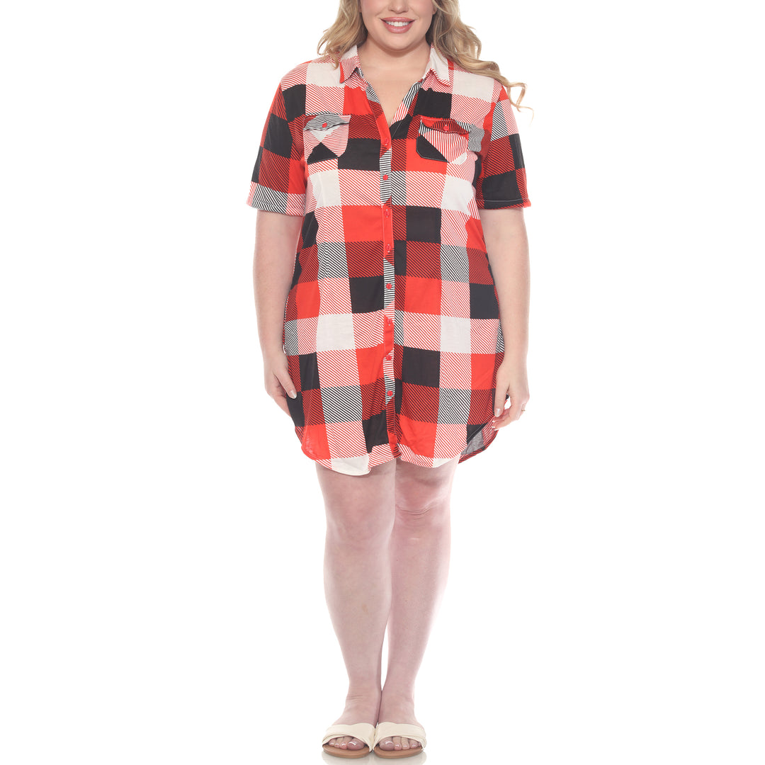 Plus Size Short Sleeve Plaid Button-Down Shirt Dress
