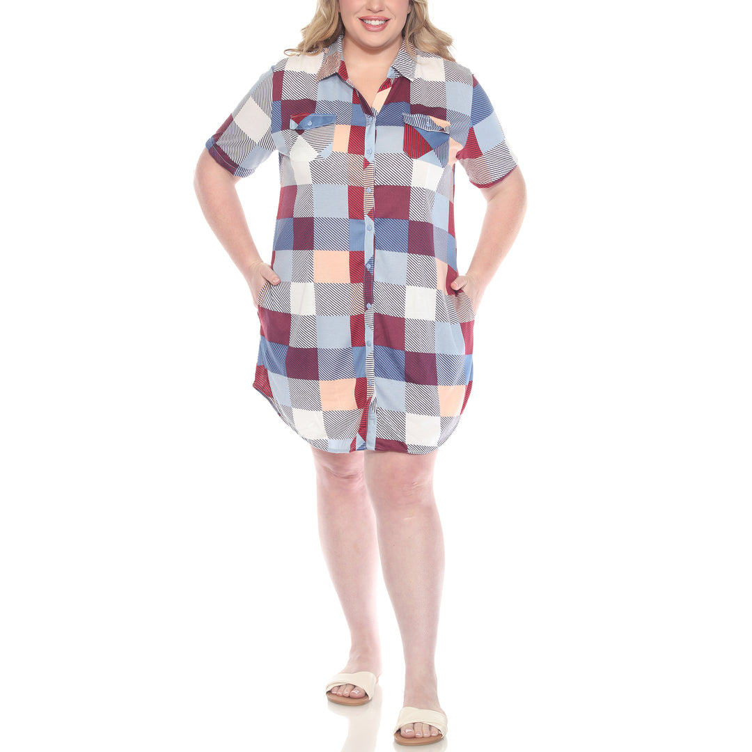 Plus Size Short Sleeve Plaid Button-Down Shirt Dress