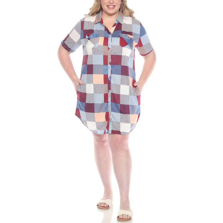 Plus Size Short Sleeve Plaid Button-Down Shirt Dress