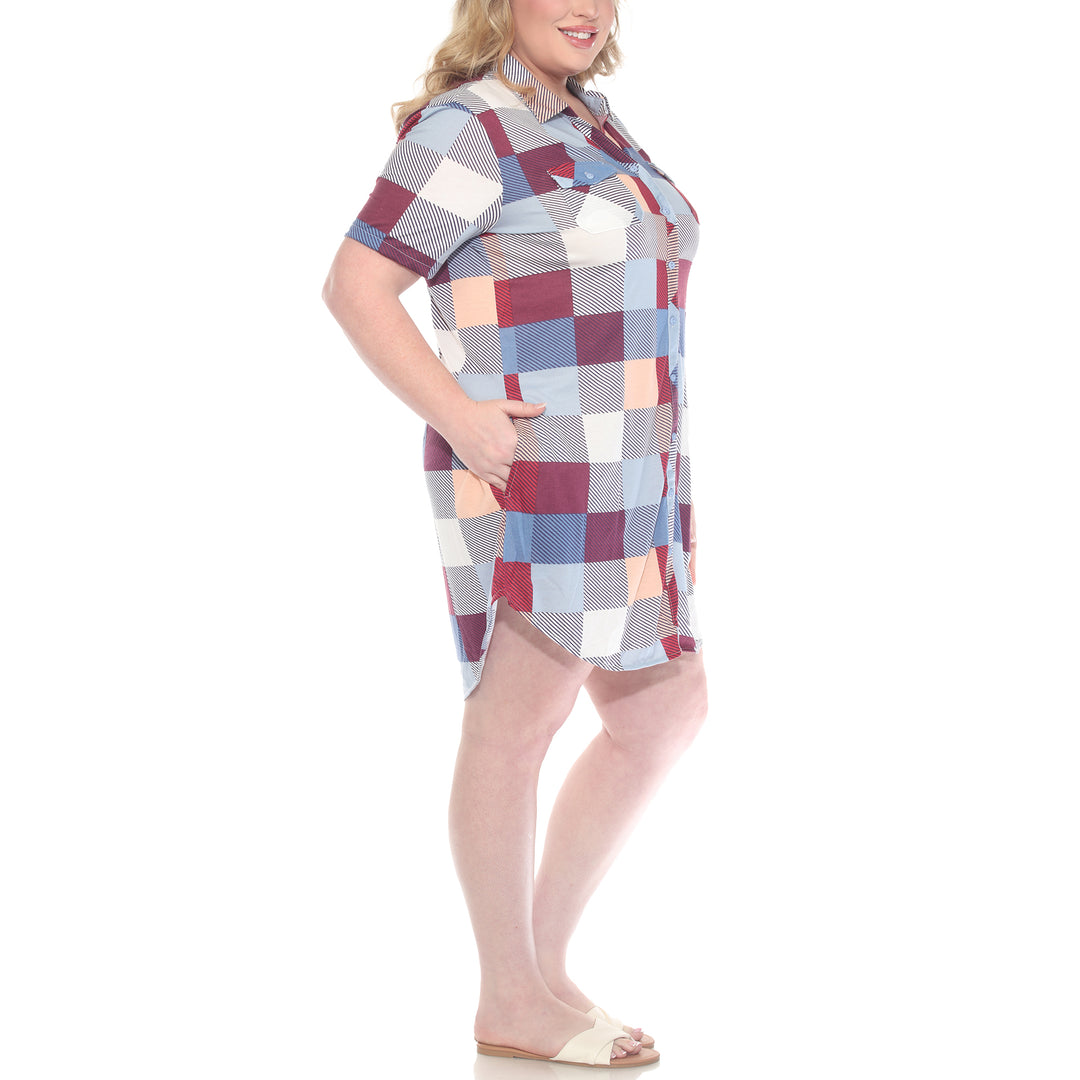 Plus Size Short Sleeve Plaid Button-Down Shirt Dress