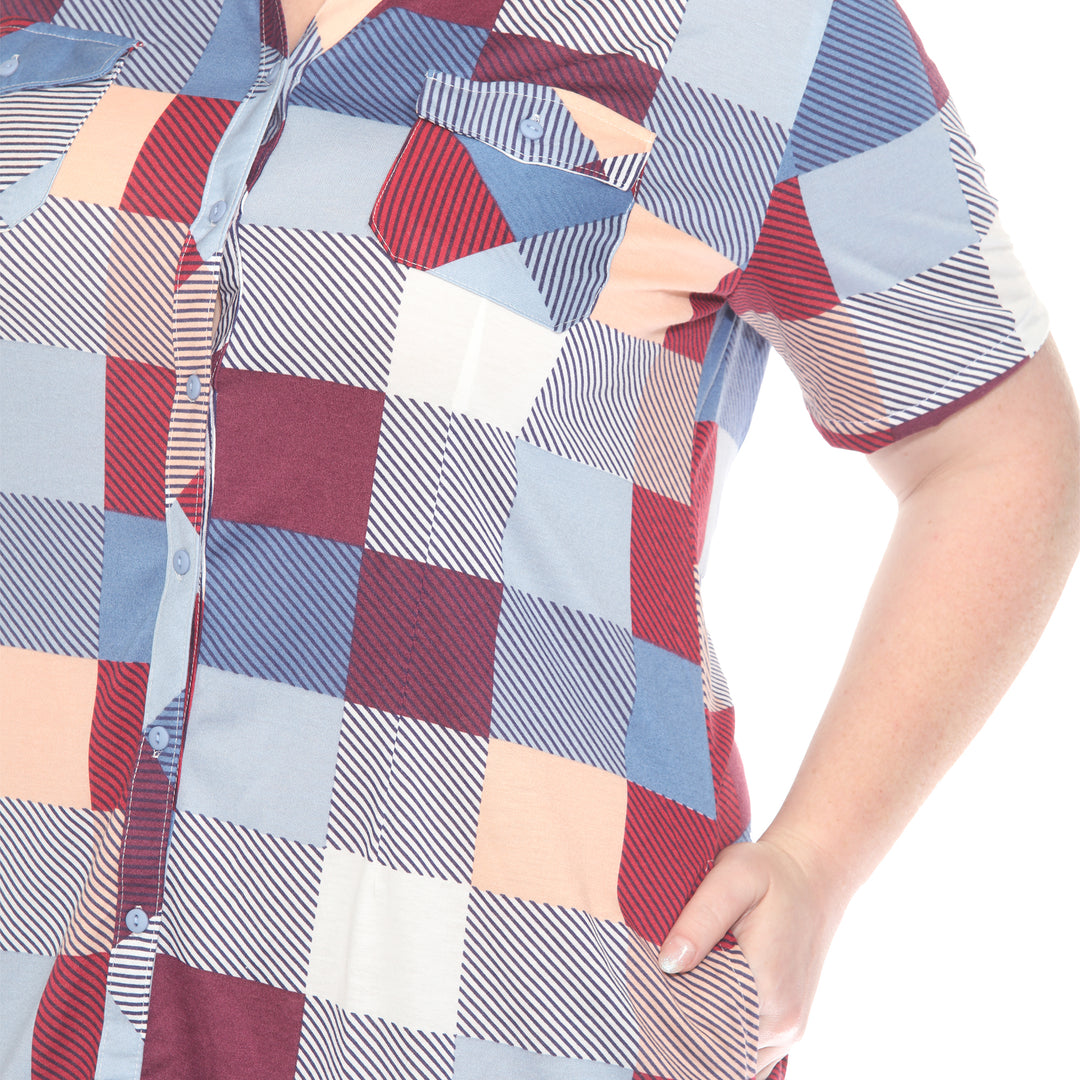 Plus Size Short Sleeve Plaid Button-Down Shirt Dress
