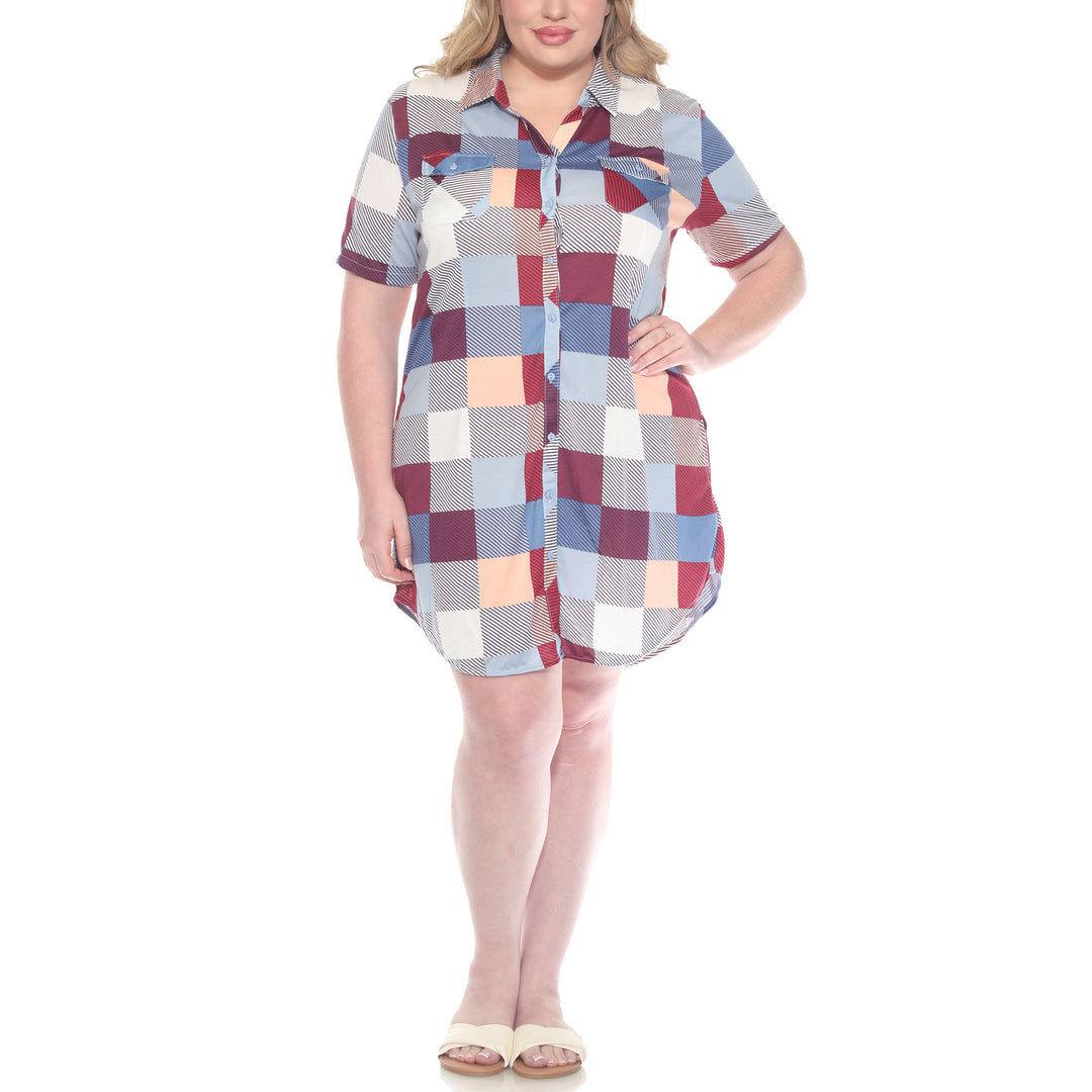 Plus Size Short Sleeve Plaid Button-Down Shirt Dress