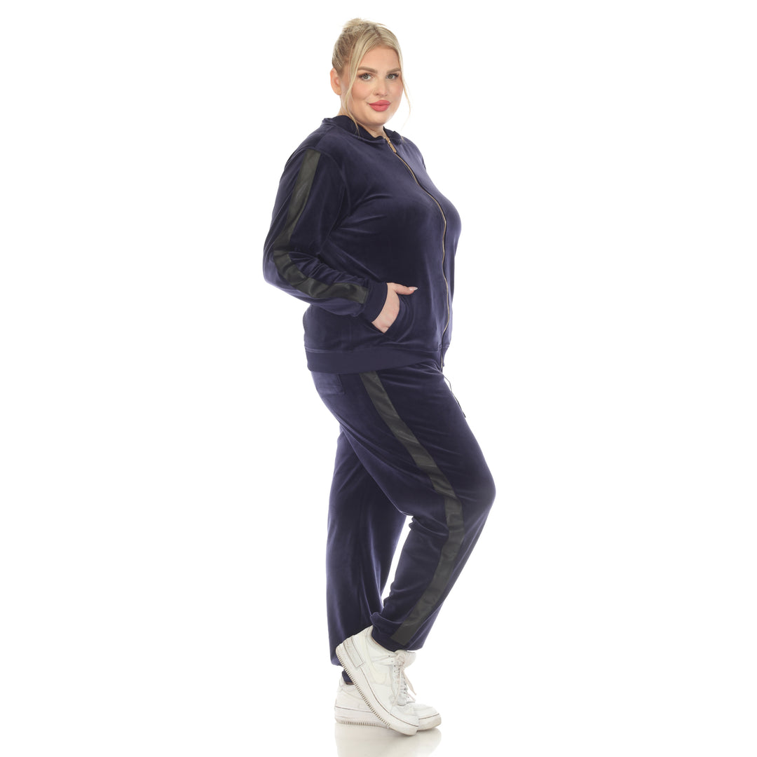 Women's Plus Size 2-Piece Velour with Faux Leather Stripe