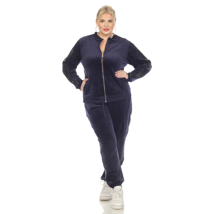 Women's Plus Size 2-Piece Velour with Faux Leather Stripe