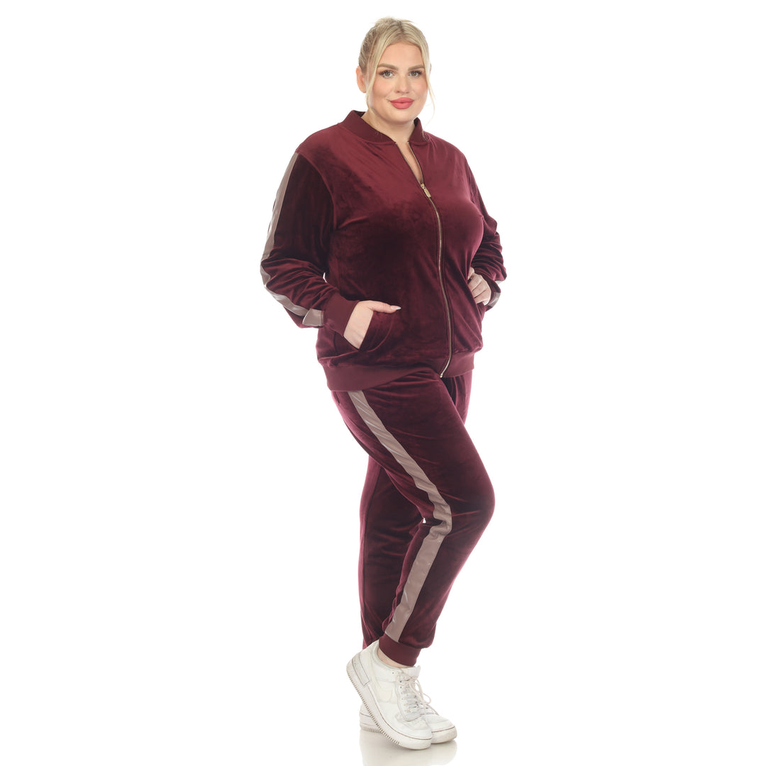 Women's Plus Size 2-Piece Velour with Faux Leather Stripe
