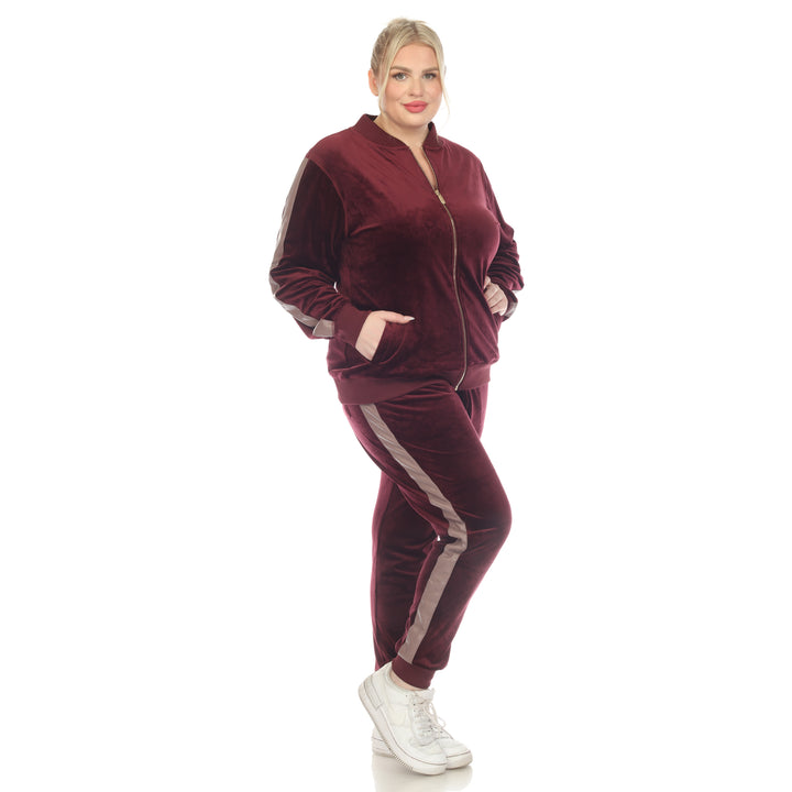 Women's Plus Size 2-Piece Velour with Faux Leather Stripe
