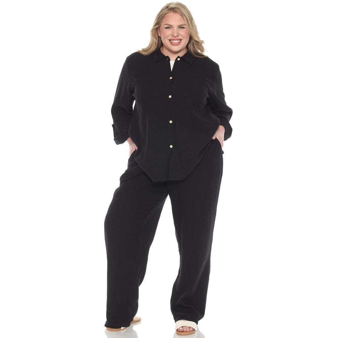 Plus Size Long Sleeve Button Down Cotton Gauze Set