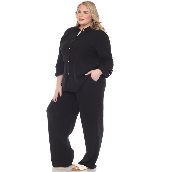 Plus Size Long Sleeve Button Down Cotton Gauze Set