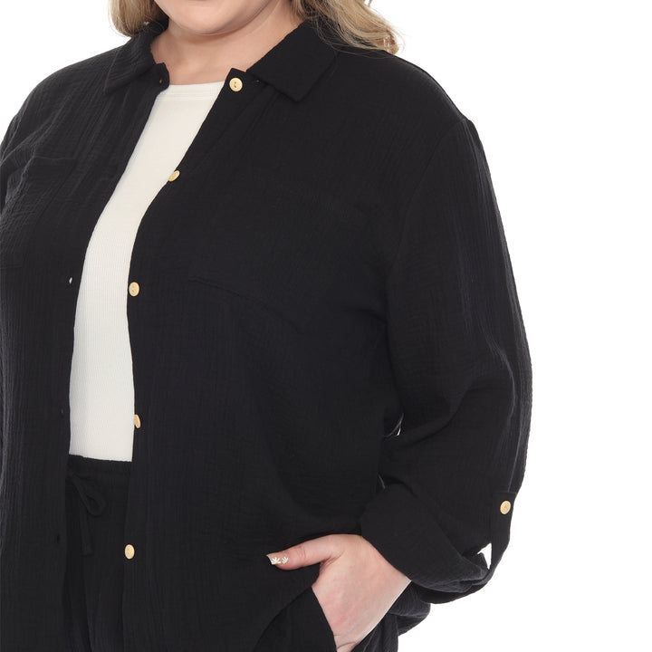Plus Size Long Sleeve Button Down Cotton Gauze Set