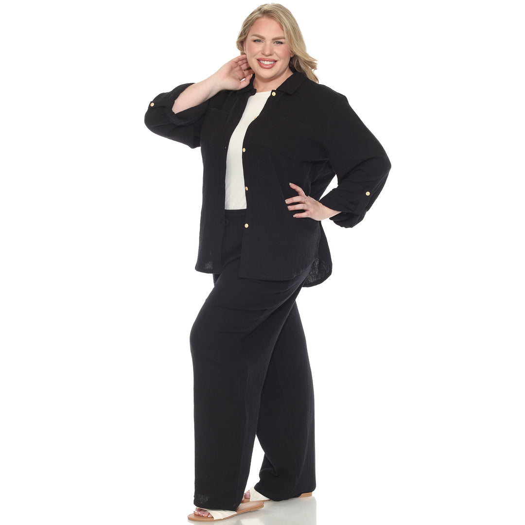 Plus Size Long Sleeve Button Down Cotton Gauze Set