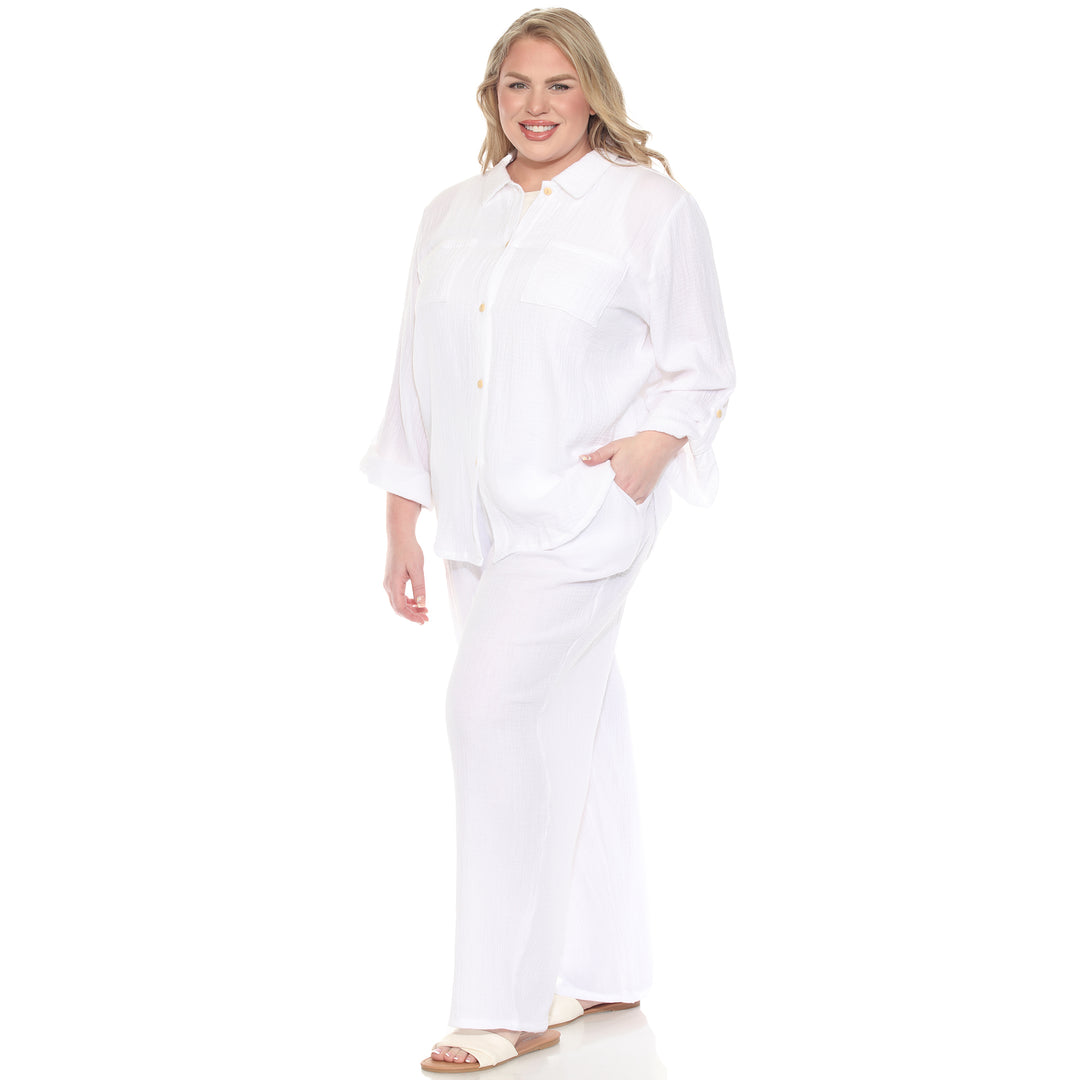 Plus Size Long Sleeve Button Down Cotton Gauze Set