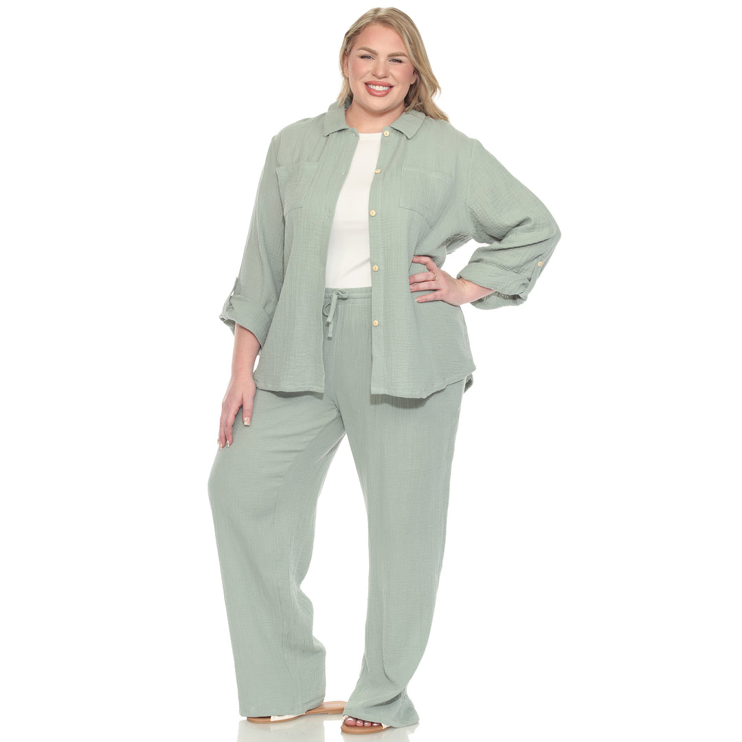 Plus Size Long Sleeve Button Down Cotton Gauze Set