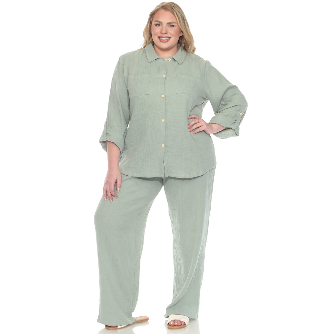 Plus Size Long Sleeve Button Down Cotton Gauze Set