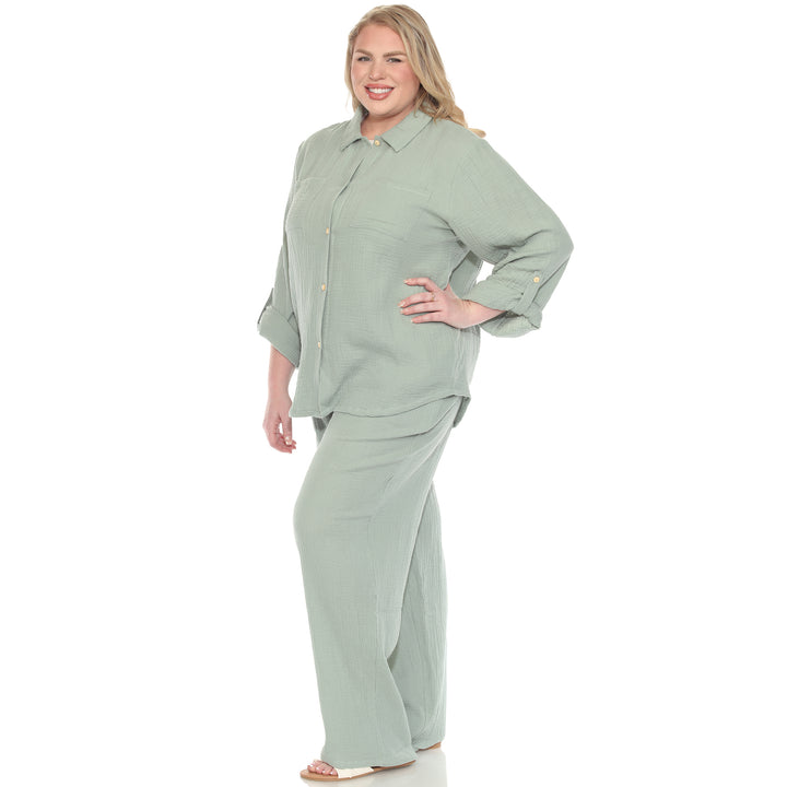 Plus Size Long Sleeve Button Down Cotton Gauze Set