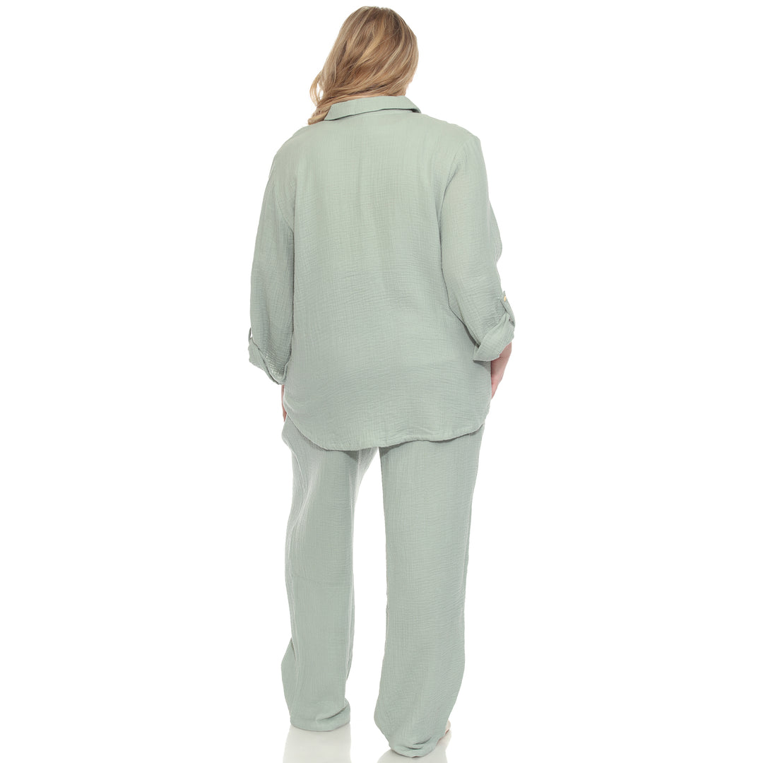 Plus Size Long Sleeve Button Down Cotton Gauze Set