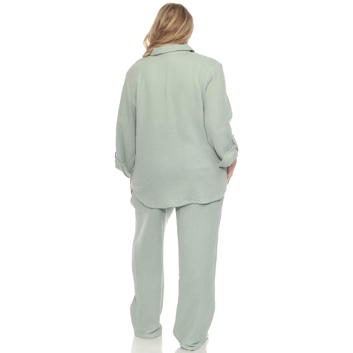 Plus Size Long Sleeve Button Down Cotton Gauze Set