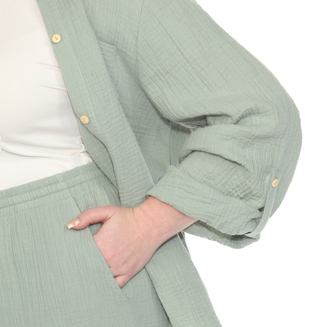 Plus Size Long Sleeve Button Down Cotton Gauze Set