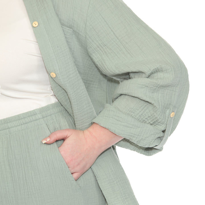 Plus Size Long Sleeve Button Down Cotton Gauze Set