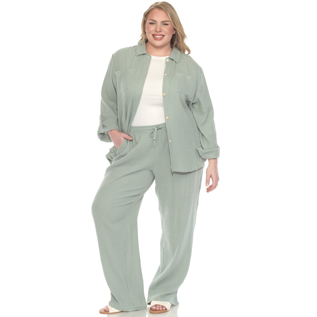 Plus Size Long Sleeve Button Down Cotton Gauze Set