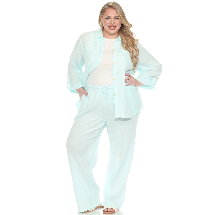 Plus Size Long Sleeve Button Down Cotton Gauze Set
