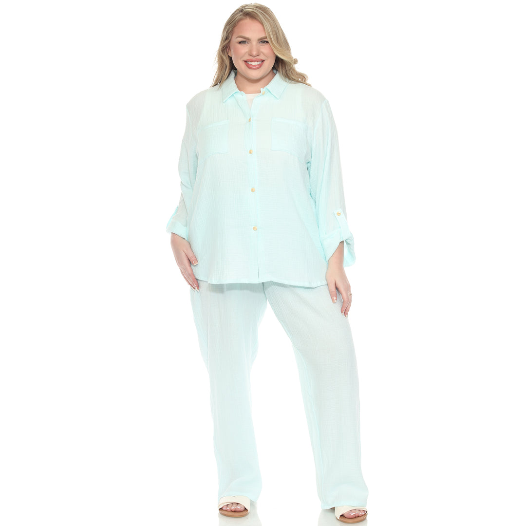 Plus Size Long Sleeve Button Down Cotton Gauze Set