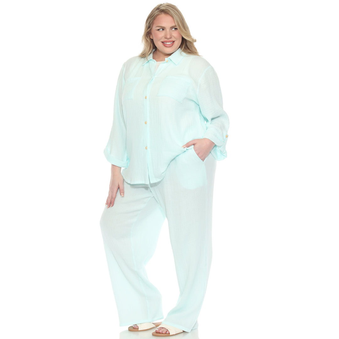 Plus Size Long Sleeve Button Down Cotton Gauze Set