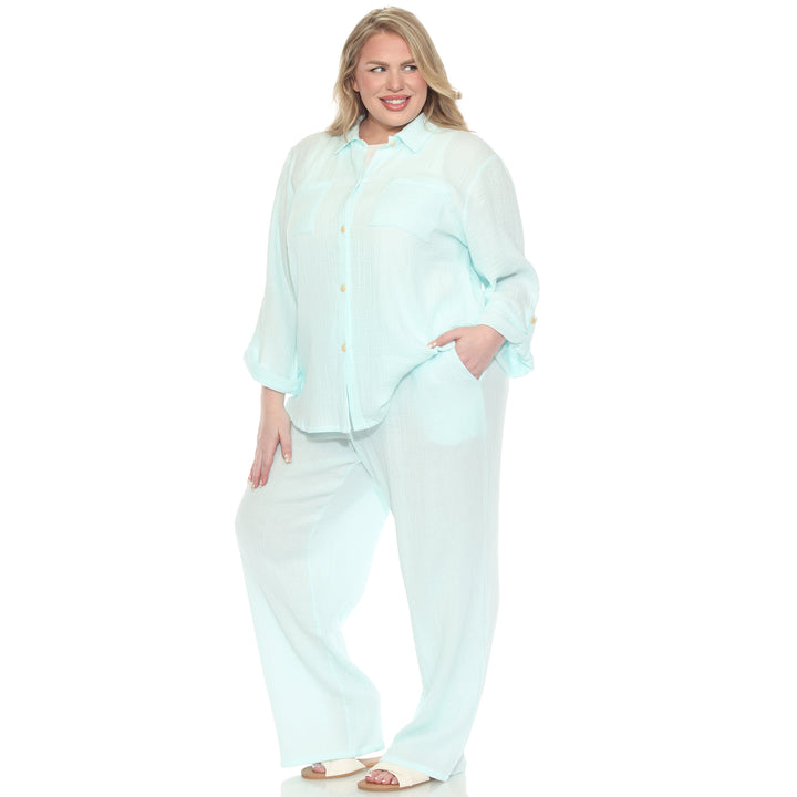 Plus Size Long Sleeve Button Down Cotton Gauze Set