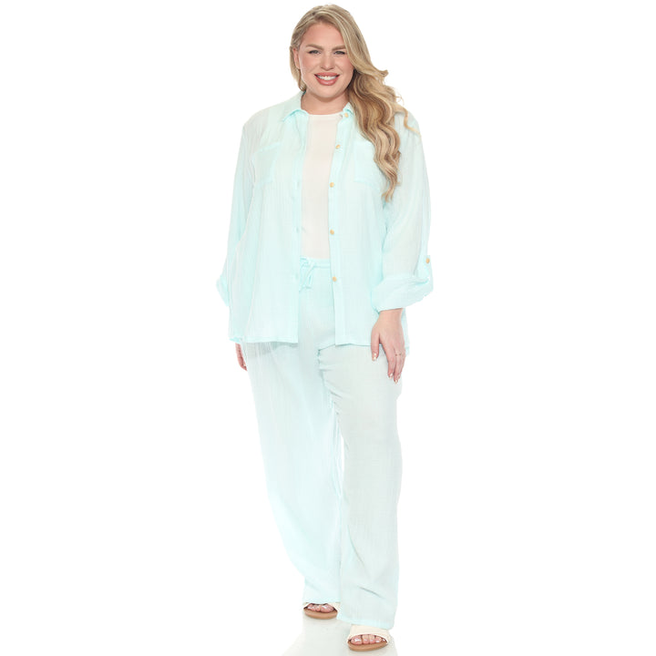 Plus Size Long Sleeve Button Down Cotton Gauze Set