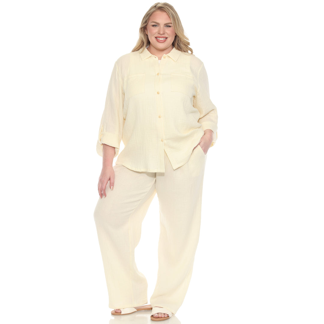 Plus Size Long Sleeve Button Down Cotton Gauze Set