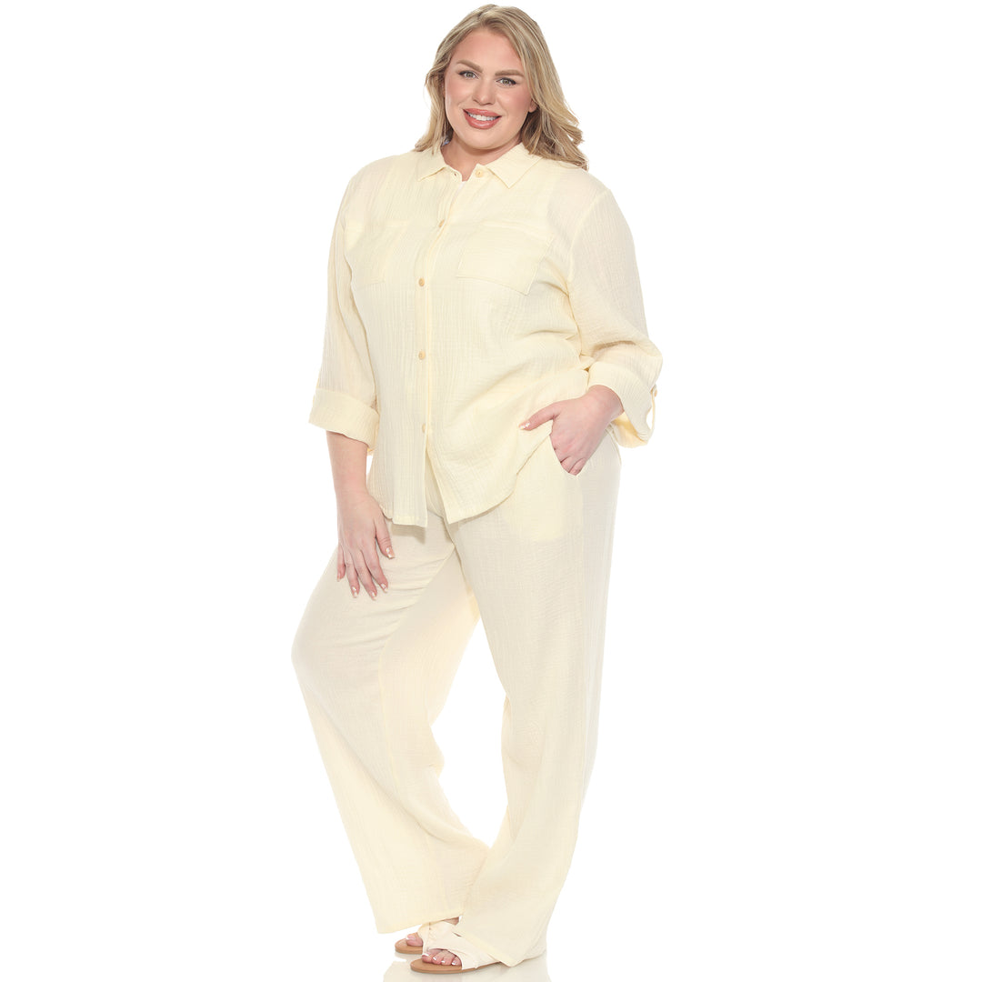 Plus Size Long Sleeve Button Down Cotton Gauze Set