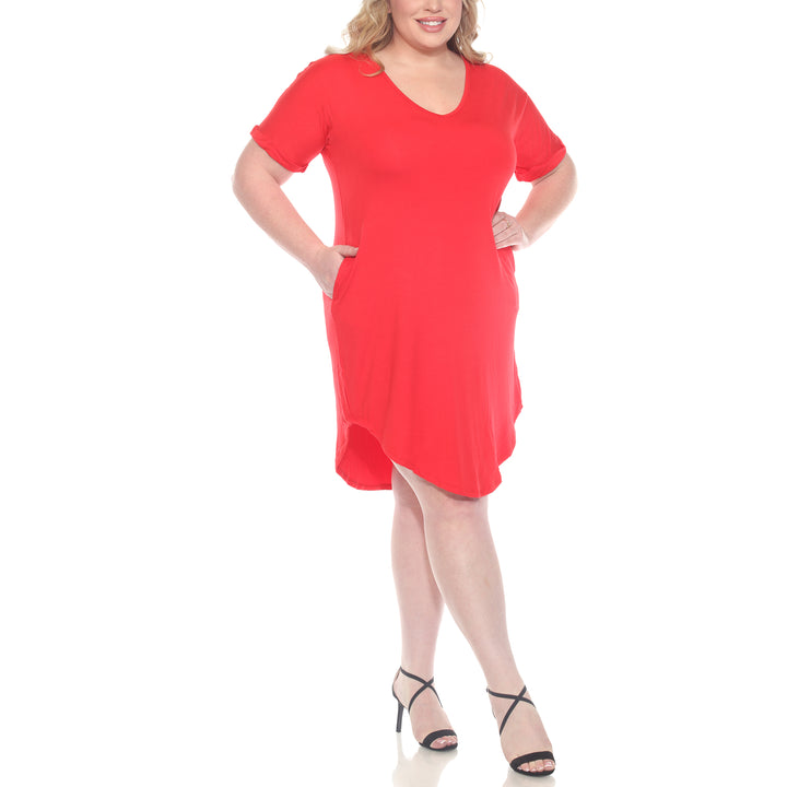 Plus Size V-Neck Folded Sleeves and Pockets Knee-Length Dress