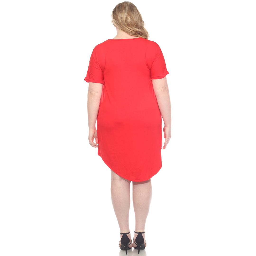 Plus Size V-Neck Folded Sleeves and Pockets Knee-Length Dress