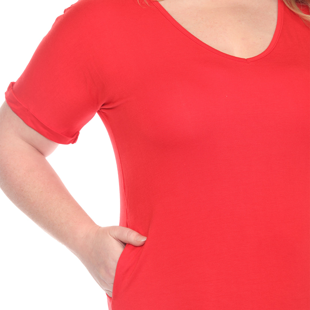 Plus Size V-Neck Folded Sleeves and Pockets Knee-Length Dress