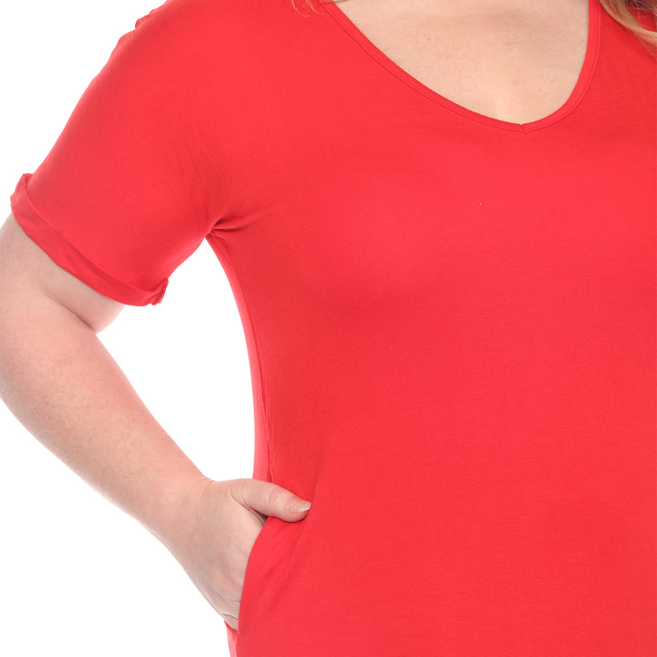 Plus Size V-Neck Folded Sleeves and Pockets Knee-Length Dress