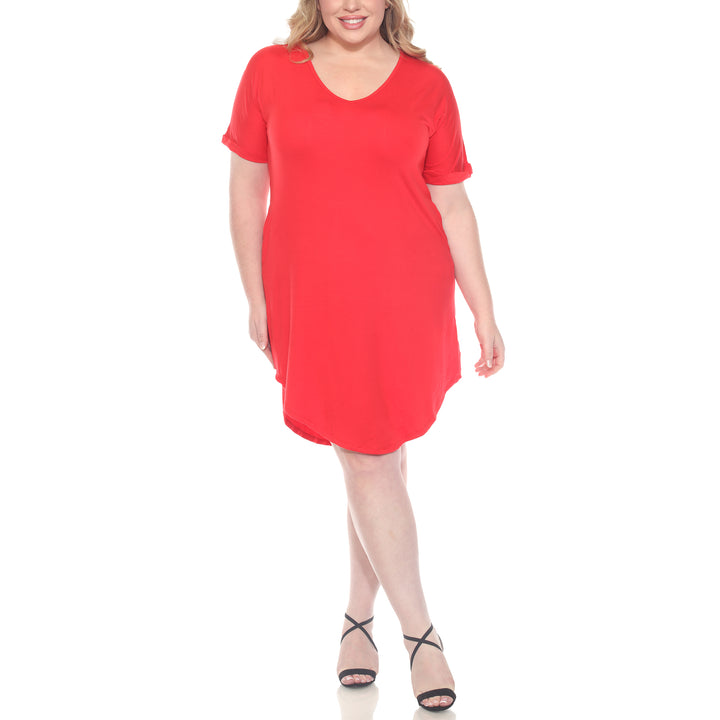 Plus Size V-Neck Folded Sleeves and Pockets Knee-Length Dress