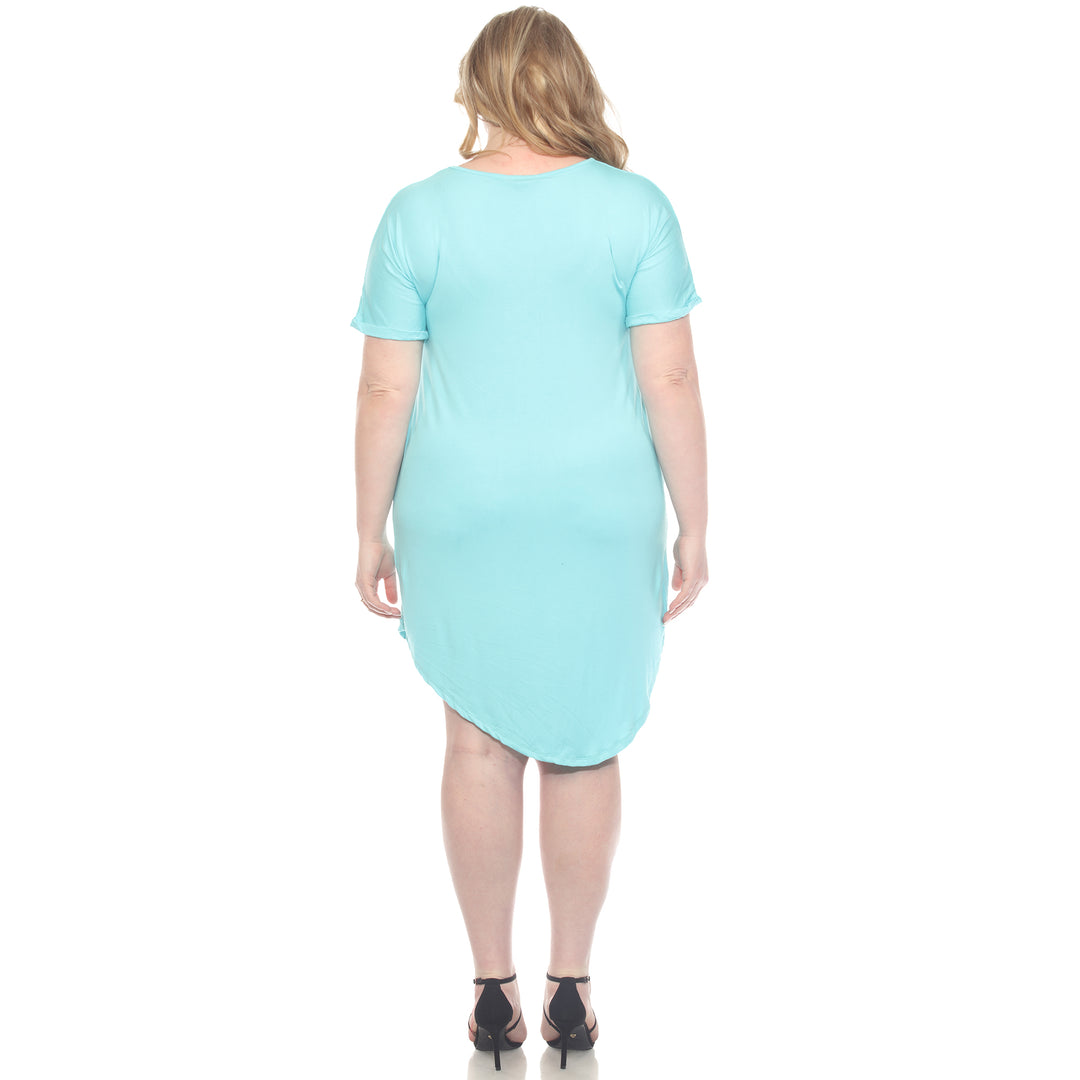 Plus Size V-Neck Folded Sleeves and Pockets Knee-Length Dress