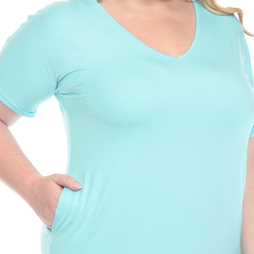 Plus Size V-Neck Folded Sleeves and Pockets Knee-Length Dress