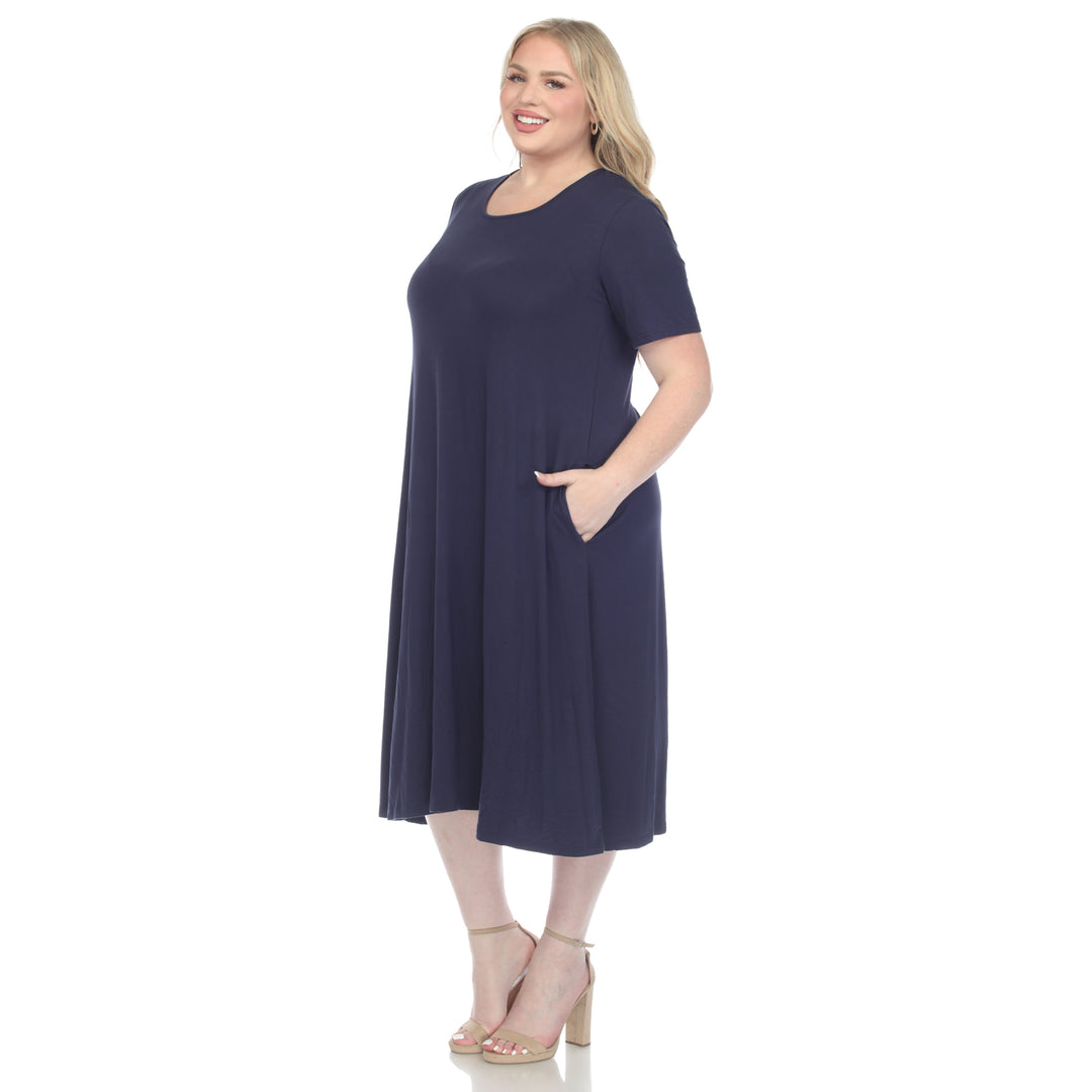 Women's Plus Size Short Sleeve Pocket Swing Midi Dress
