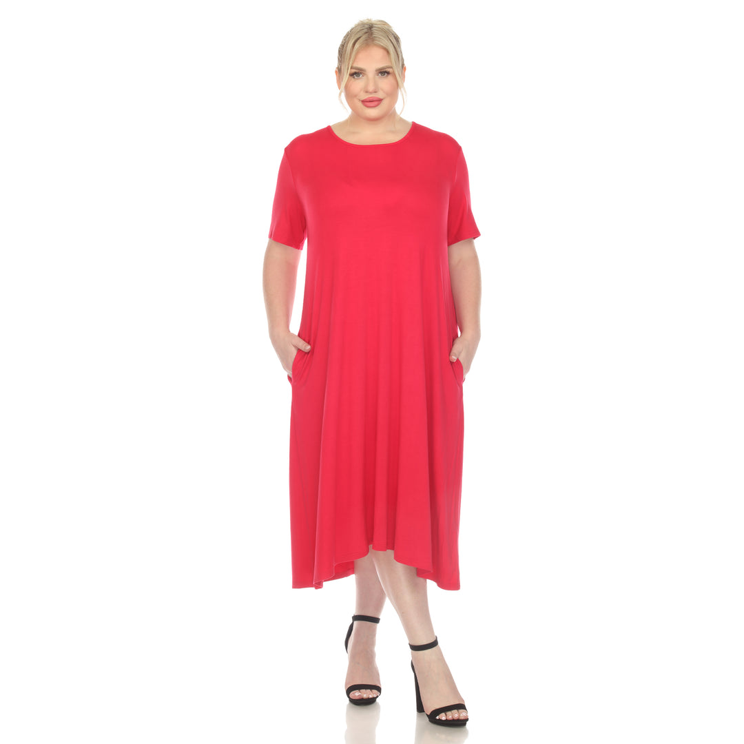 Women's Plus Size Short Sleeve Pocket Swing Midi Dress