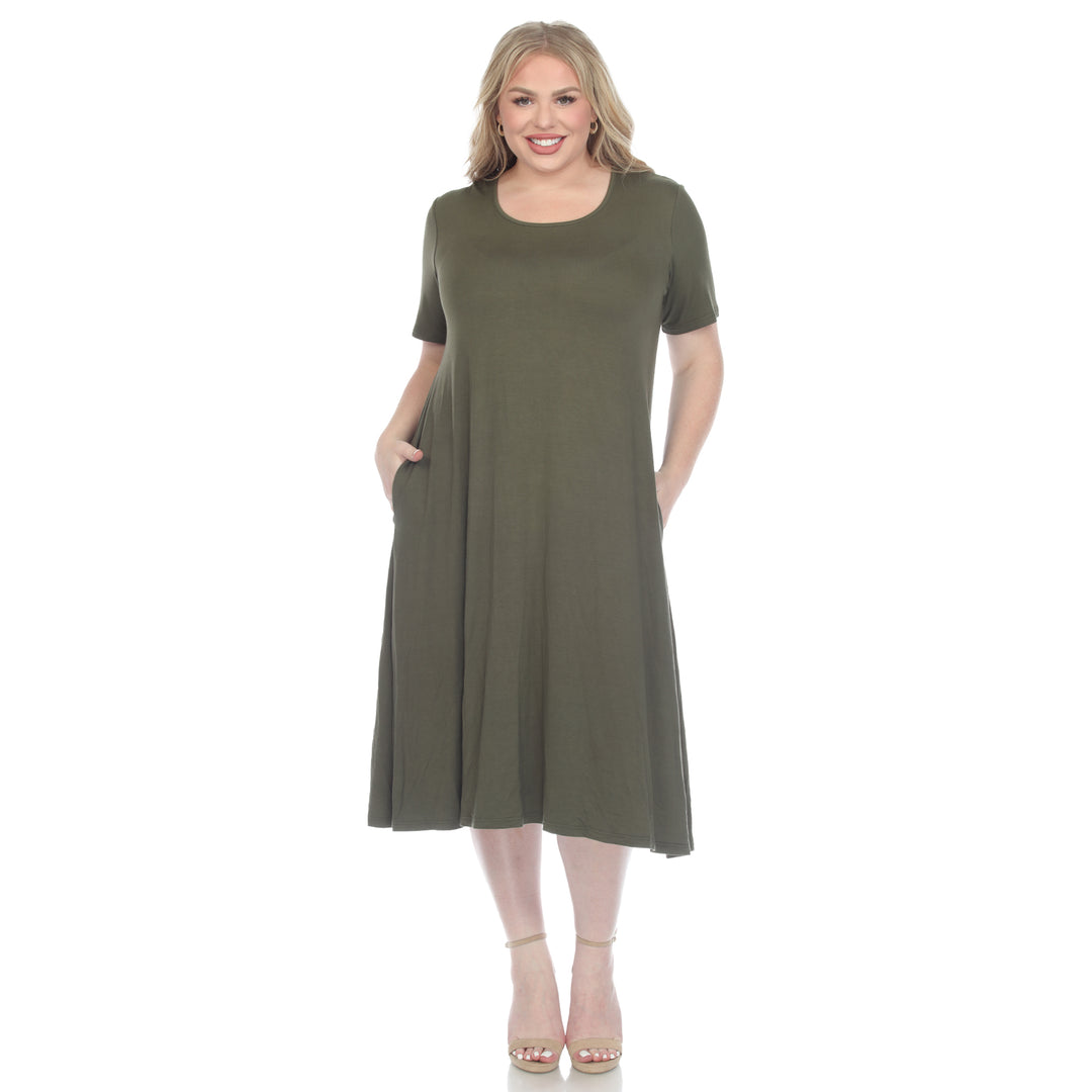 Women's Plus Size Short Sleeve Pocket Swing Midi Dress