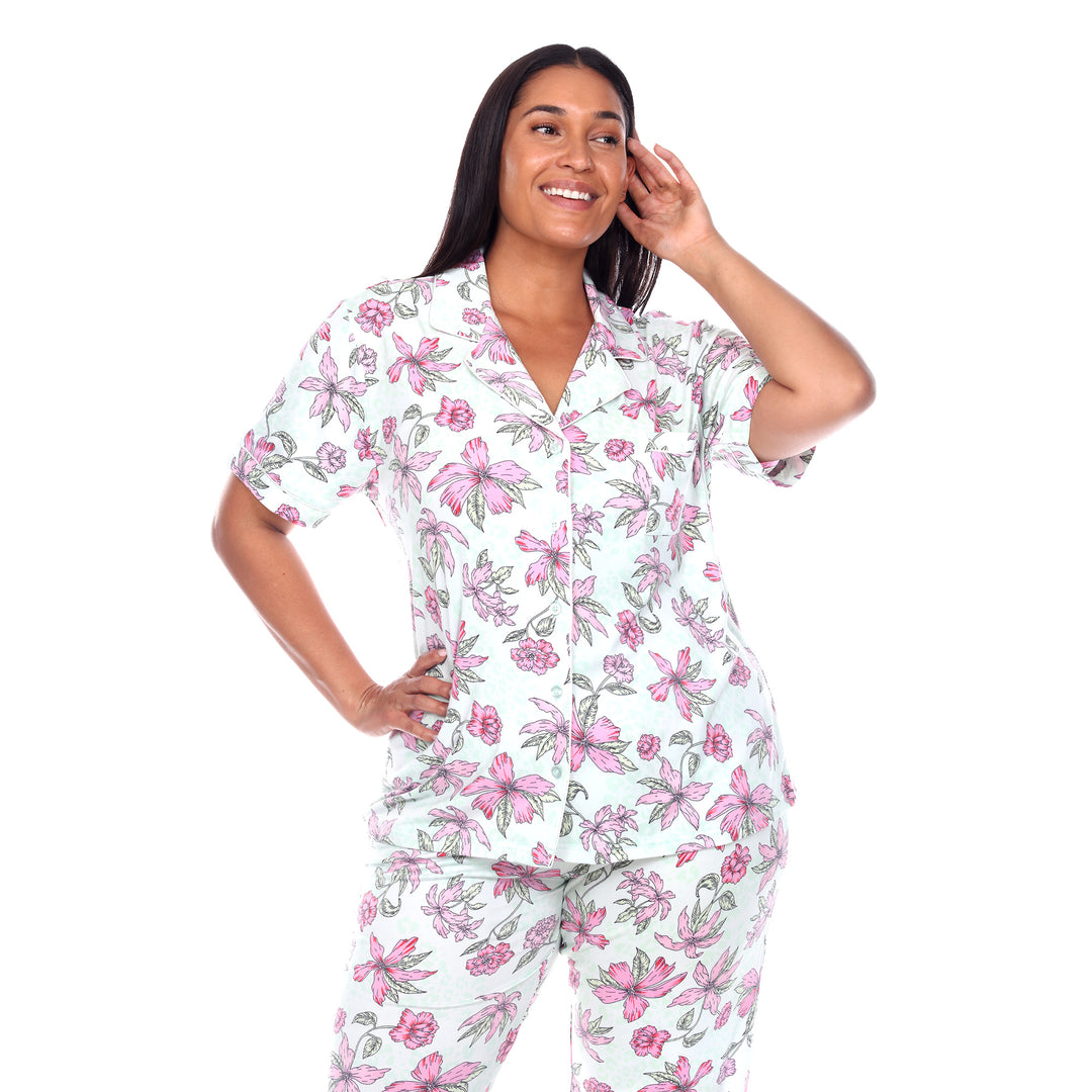 Women's Plus Size Short Sleeve & Pants Tropical Pajama Set