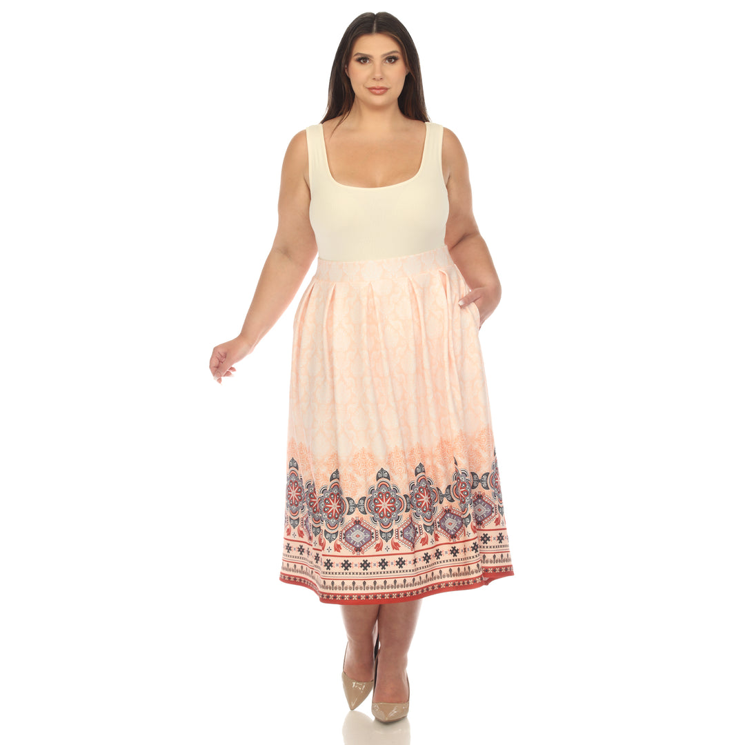 Plus Size Pleated Skirt with Border Prints
