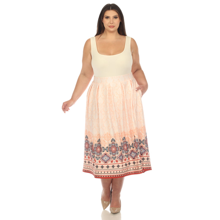 Plus Size Pleated Skirt with Border Prints