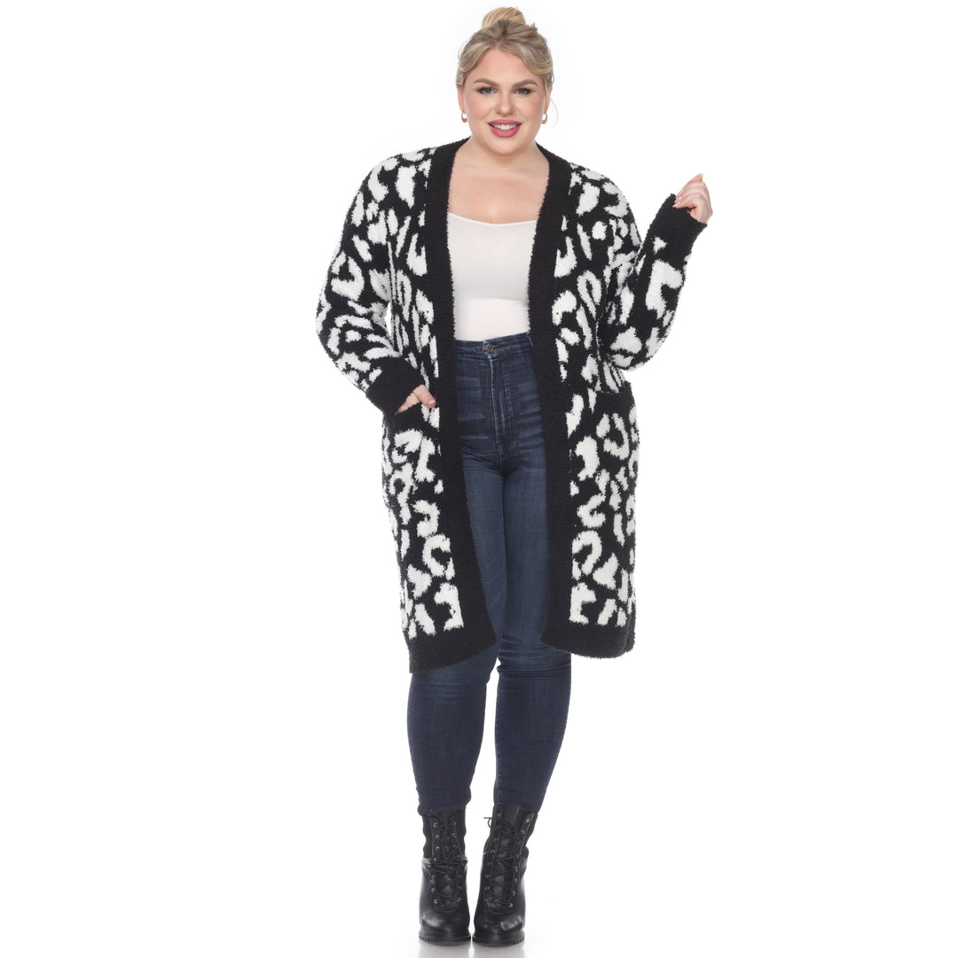 Women's Plus Size Leopard Print Open Front Sherpa Coat