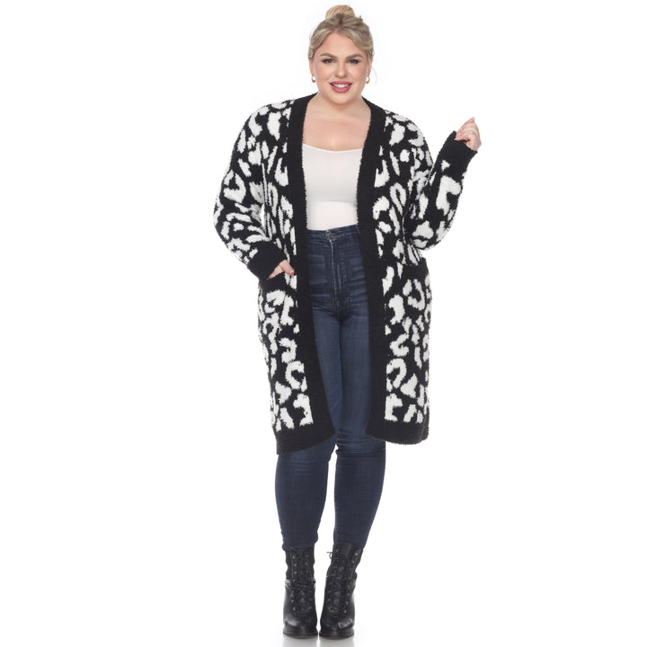 Women's Plus Size Leopard Print Open Front Sherpa Coat
