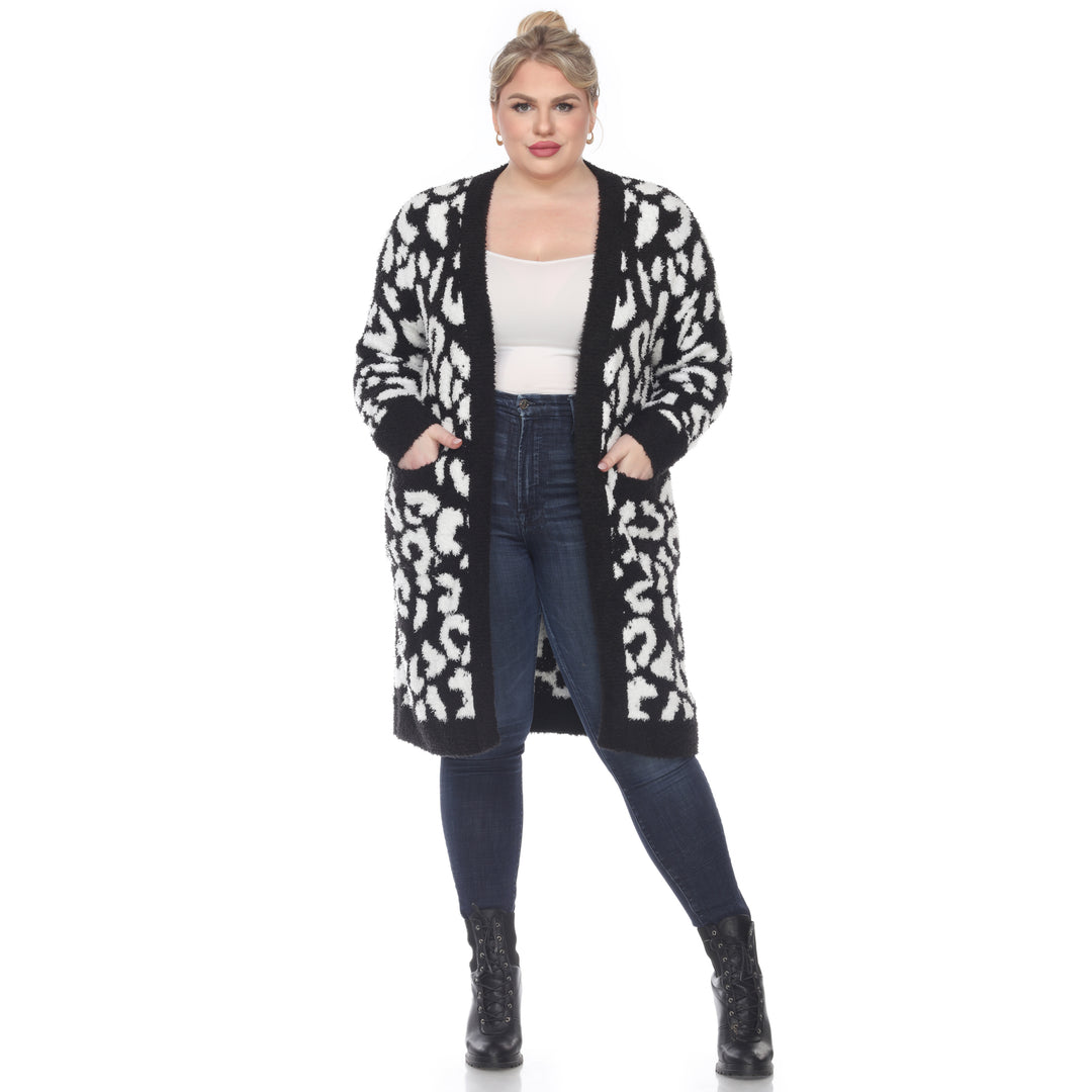 Women's Plus Size Leopard Print Open Front Sherpa Coat