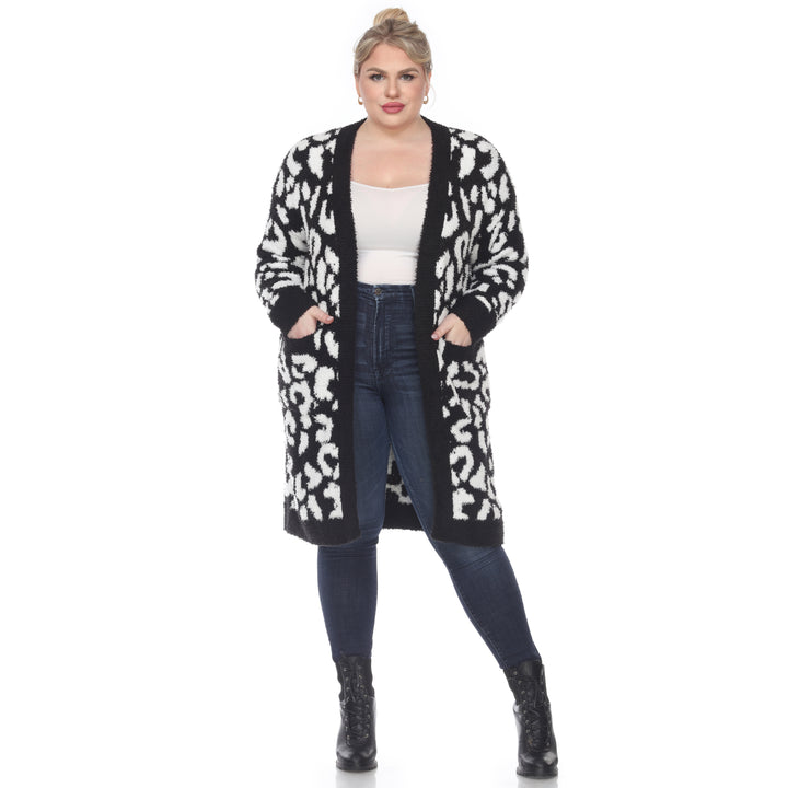 Women's Plus Size Leopard Print Open Front Sherpa Coat